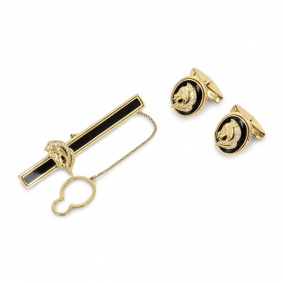 Yellow Gold Enamel and Diamond Tie Slide and Cufflinks Set